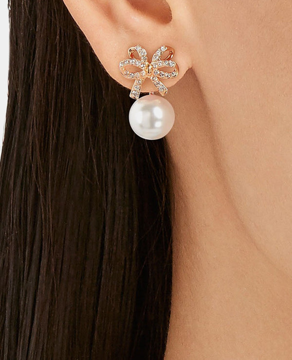 Gold Pearl Bow Earrings For Women